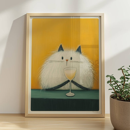 Weisse Katze mit schwarzen Ohren und Cocktail, lustiges Katzenposter.. Rahmen natur 30x40