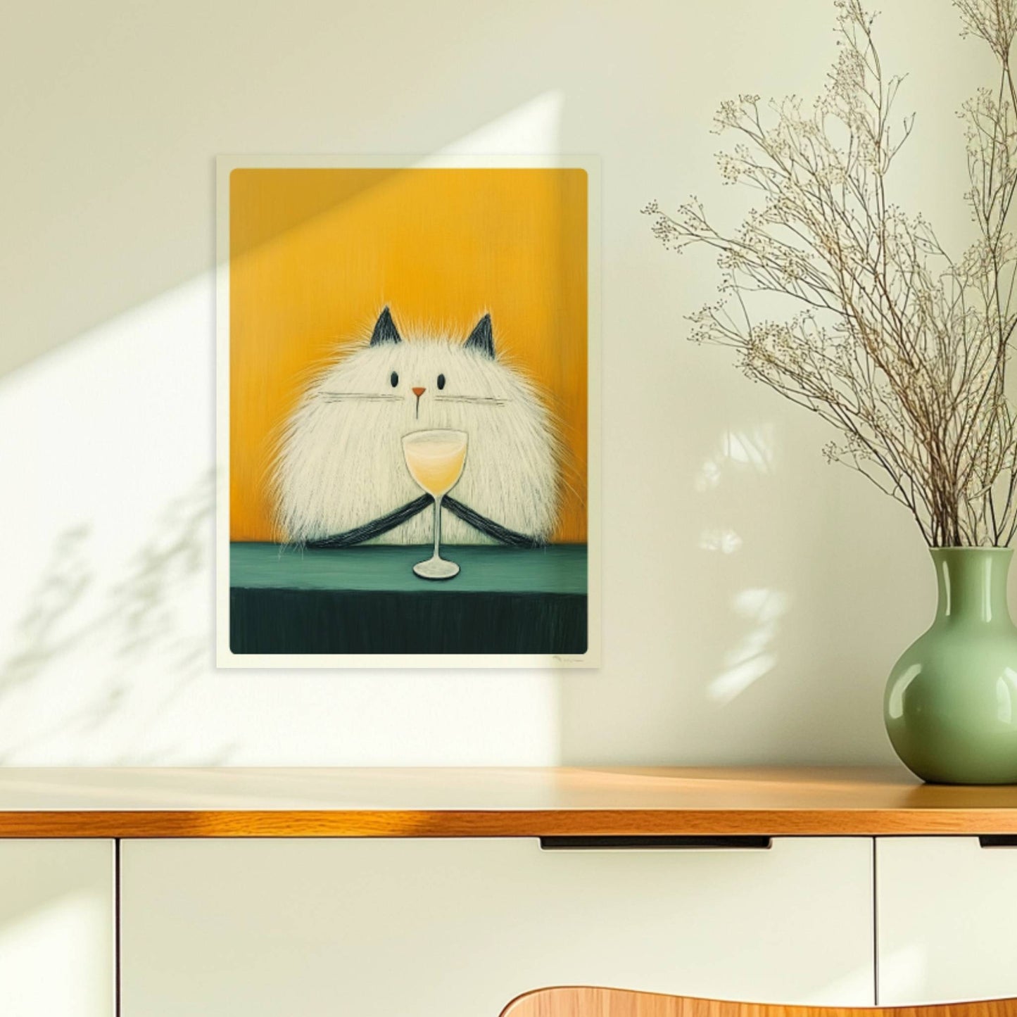 Weisse Katze mit schwarzen Ohren und Cocktail, lustiges Katzenposter.. Ohne Rahmen 30x40