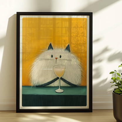 Weisse Katze mit schwarzen Ohren und Cocktail, lustiges Katzenposter.. Rahmen schwarz 30x40