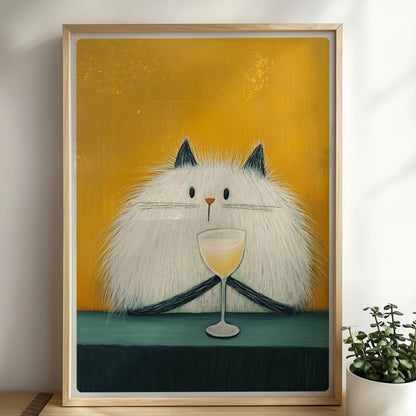 Weisse Katze mit schwarzen Ohren und Cocktail, lustiges Katzenposter.. Rahmen natur 50x70