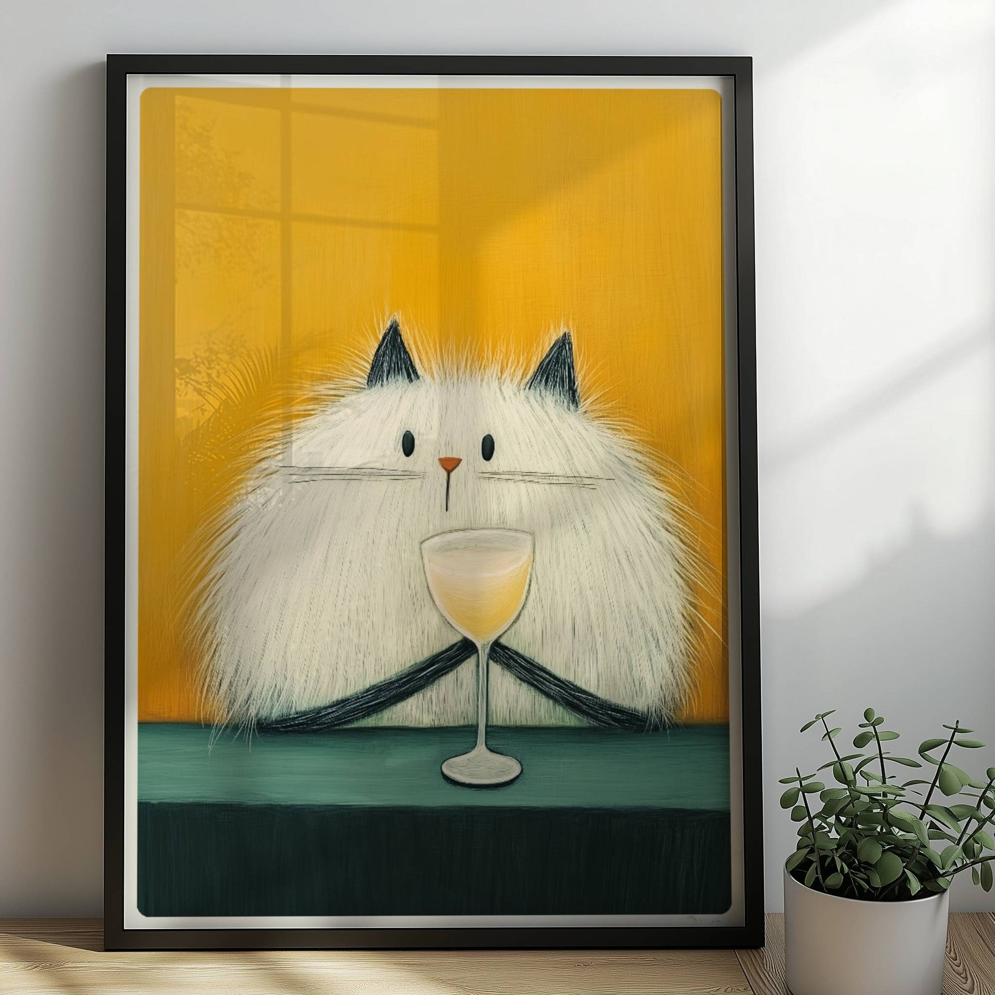 Weisse Katze mit schwarzen Ohren und Cocktail, lustiges Katzenposter.. Rahmen schwarz 50x70