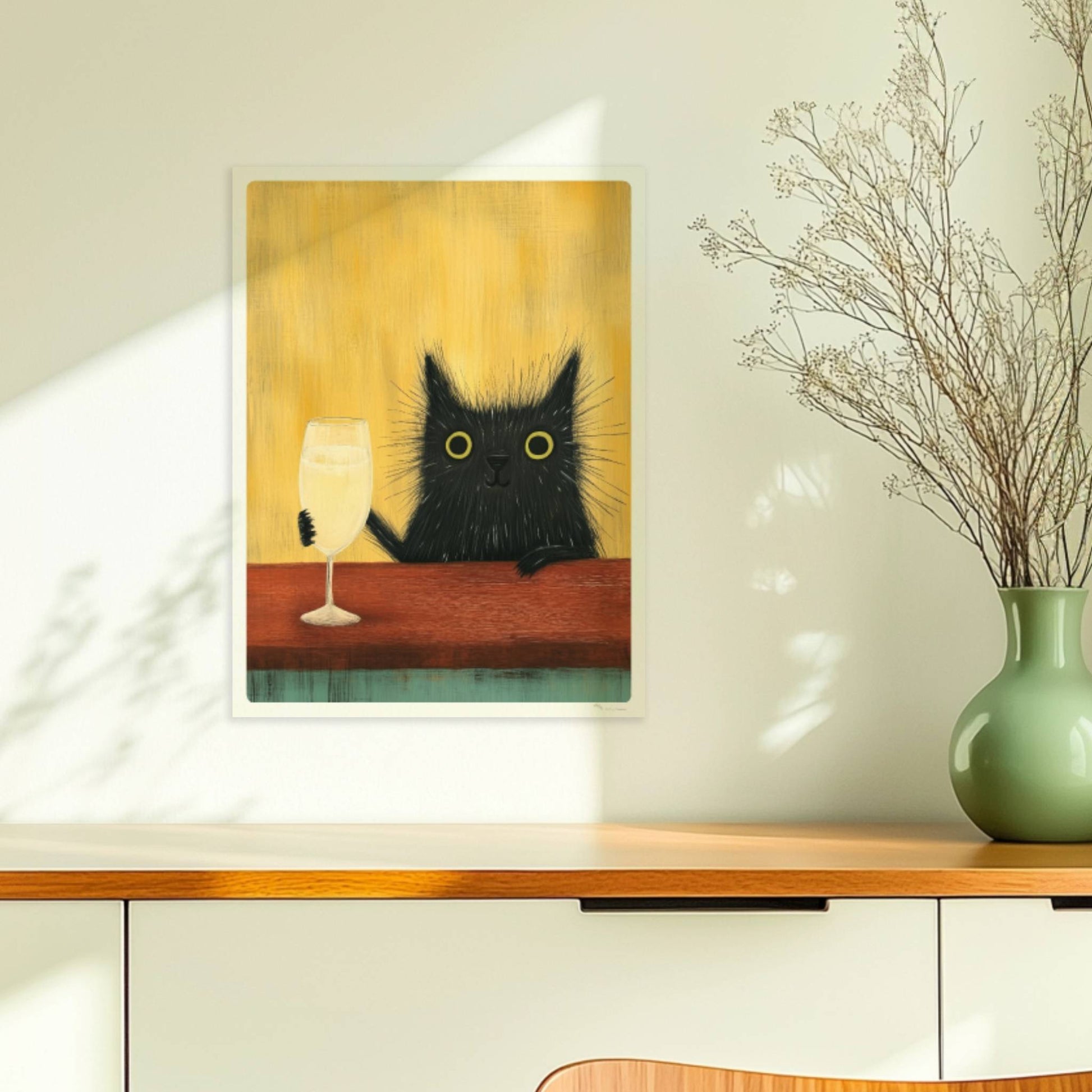 Schwarze Katze mit Champagnerglas, lustiges Katzenposter.. Ohne Rahmen 30x40