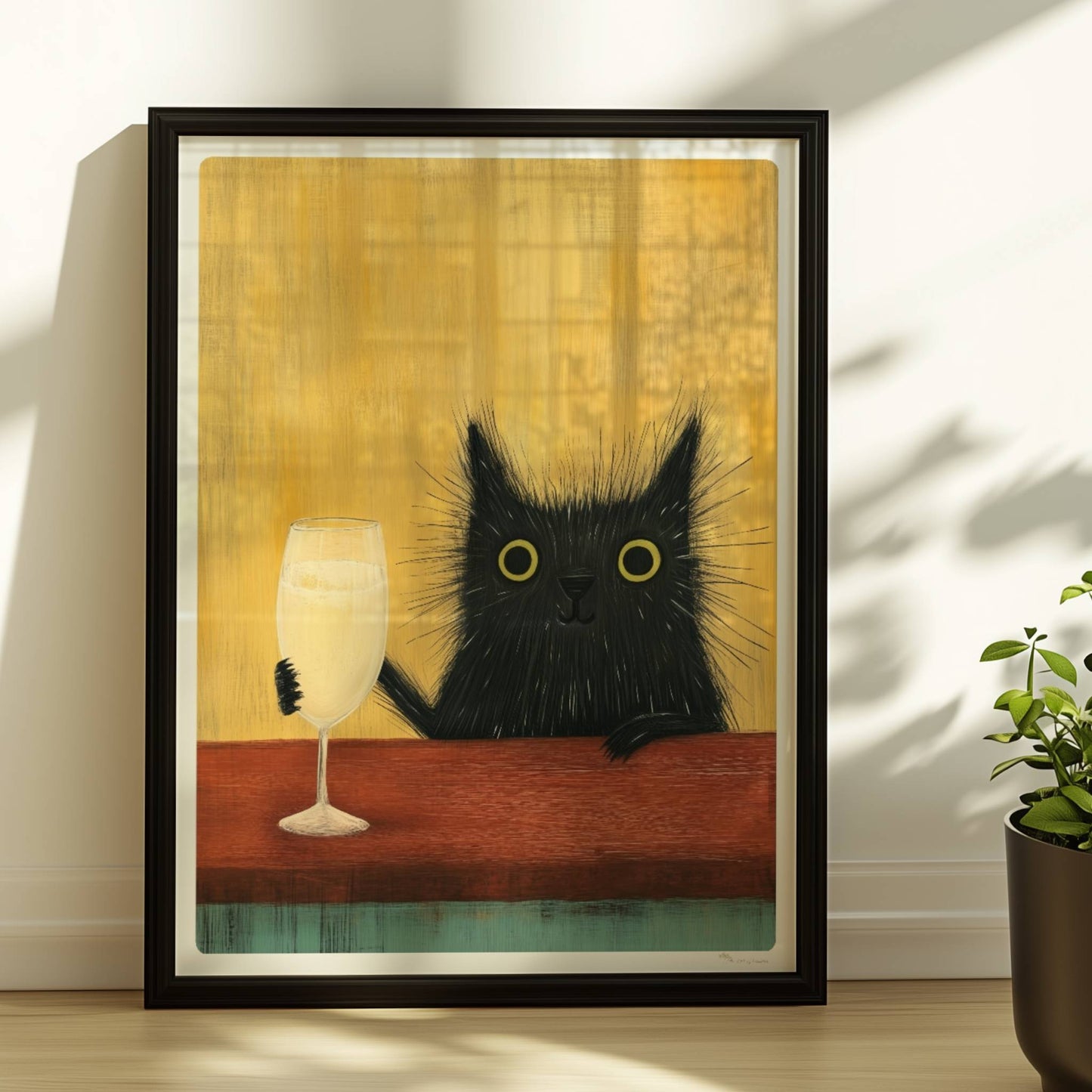 Schwarze Katze mit Champagnerglas, lustiges Katzenposter.. Rahmen schwarz 30x40