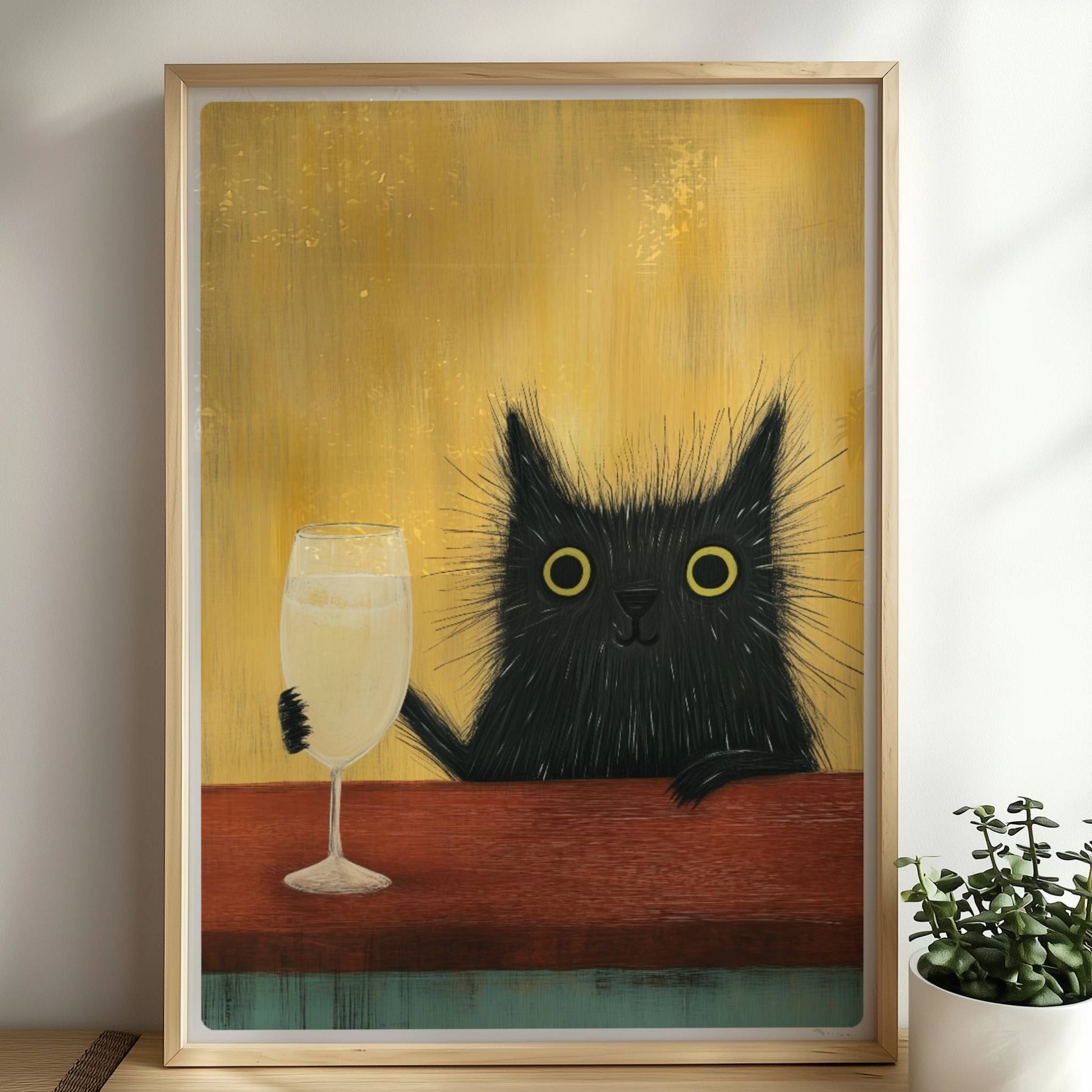 Schwarze Katze mit Champagnerglas, lustiges Katzenposter.. Rahmen natur 50x70