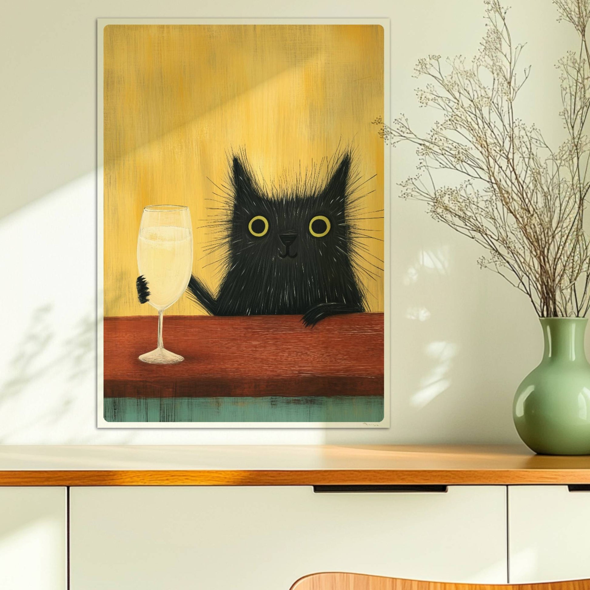 Schwarze Katze mit Champagnerglas, lustiges Katzenposter.. Ohne Rahmen 50x70