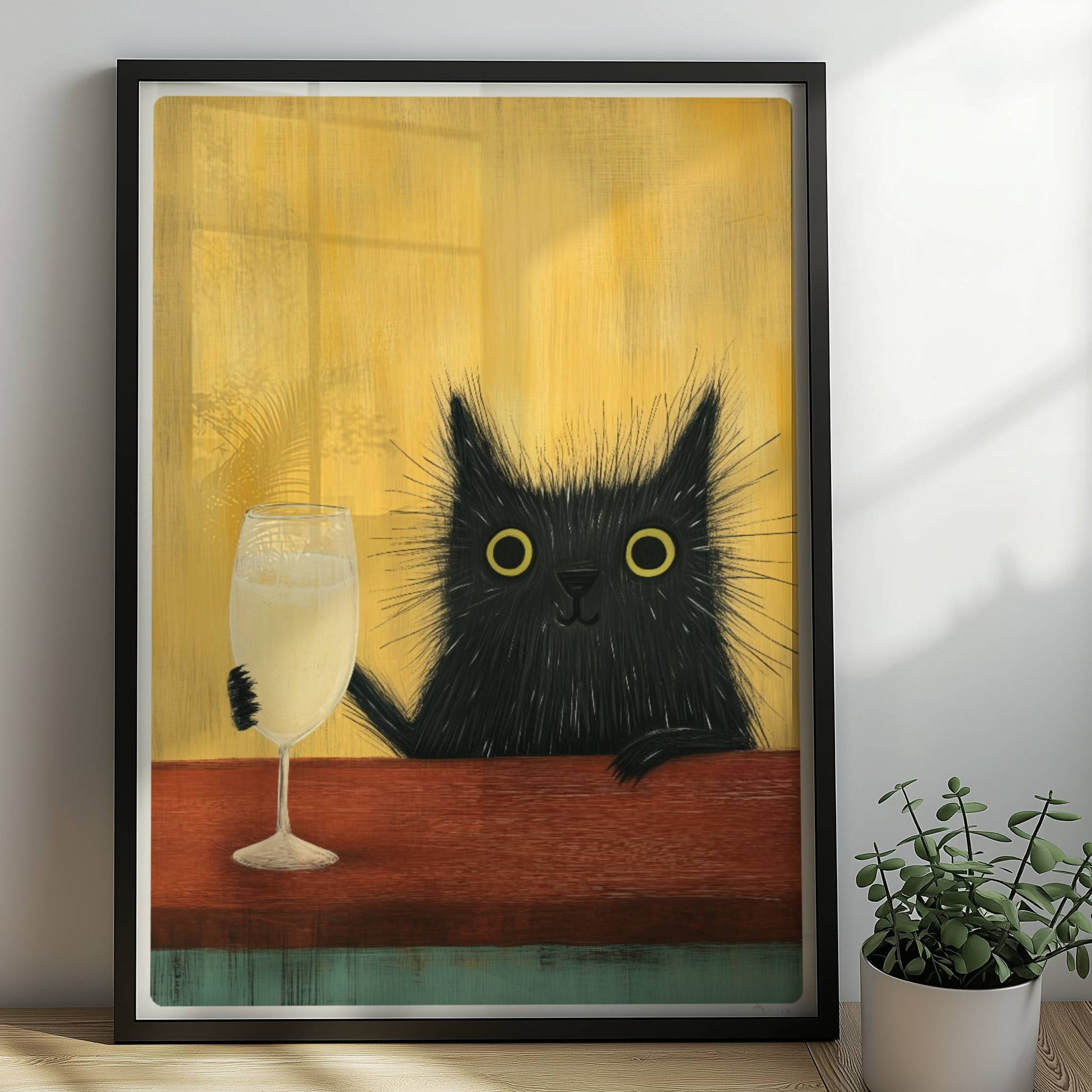 Schwarze Katze mit Champagnerglas, lustiges Katzenposter.. Rahmen schwarz 50x70