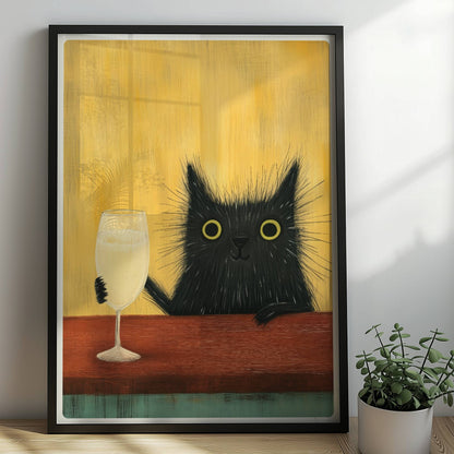 Schwarze Katze mit Champagnerglas, lustiges Katzenposter.. Rahmen schwarz 50x70