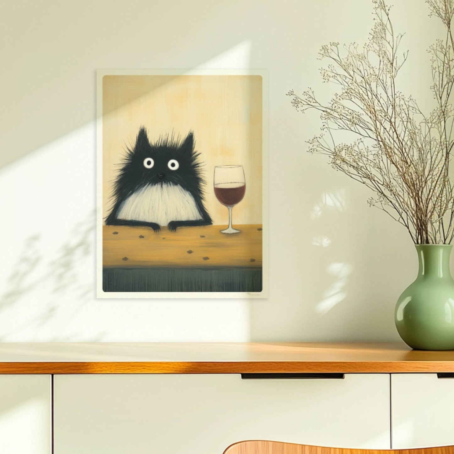 Schwarz-Weiss Katze mit Rotwein, lustiges Katzenposter.. Ohne Rahmen 30x40