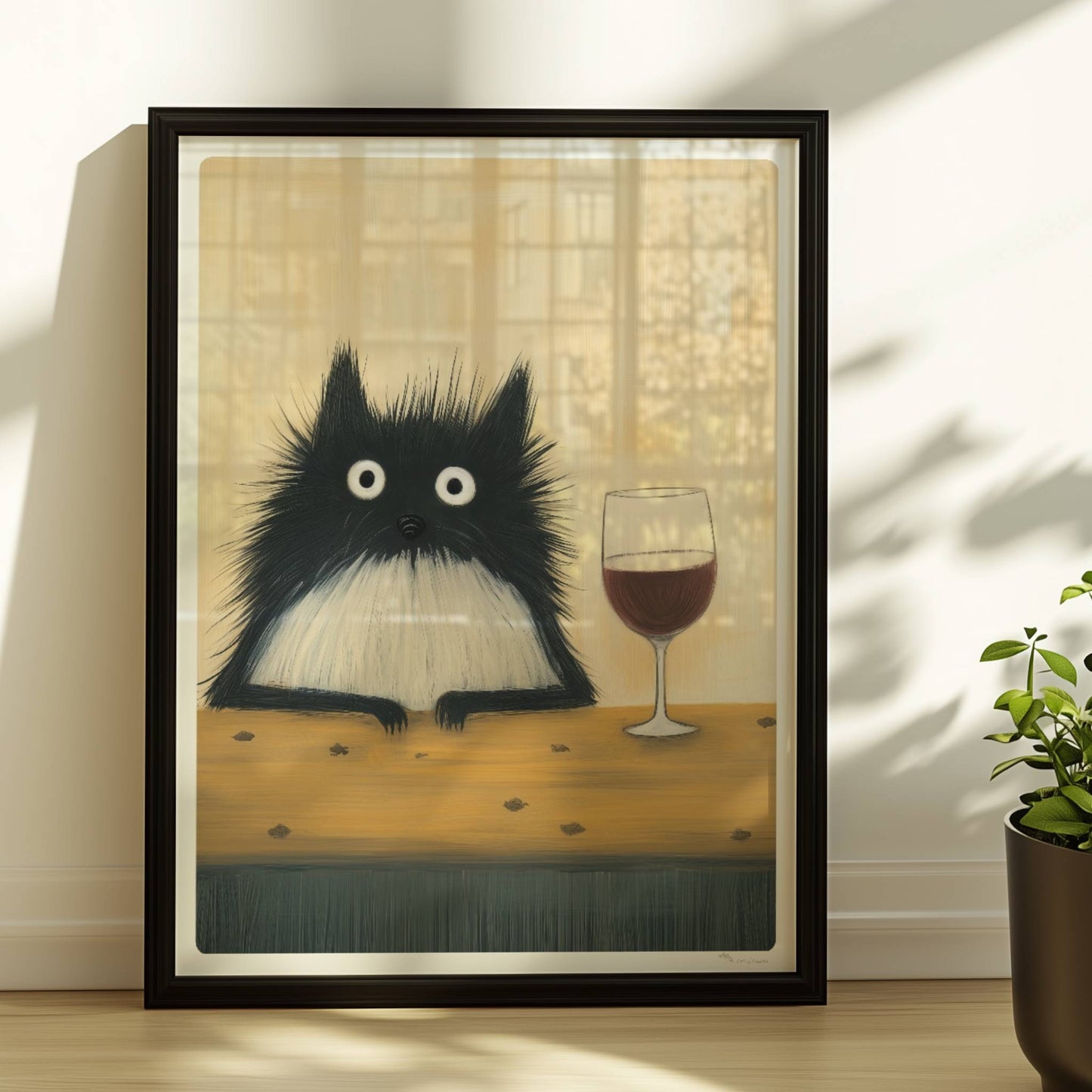 Schwarz-Weiss Katze mit Rotwein, lustiges Katzenposter.. Rahmen schwarz 30x40