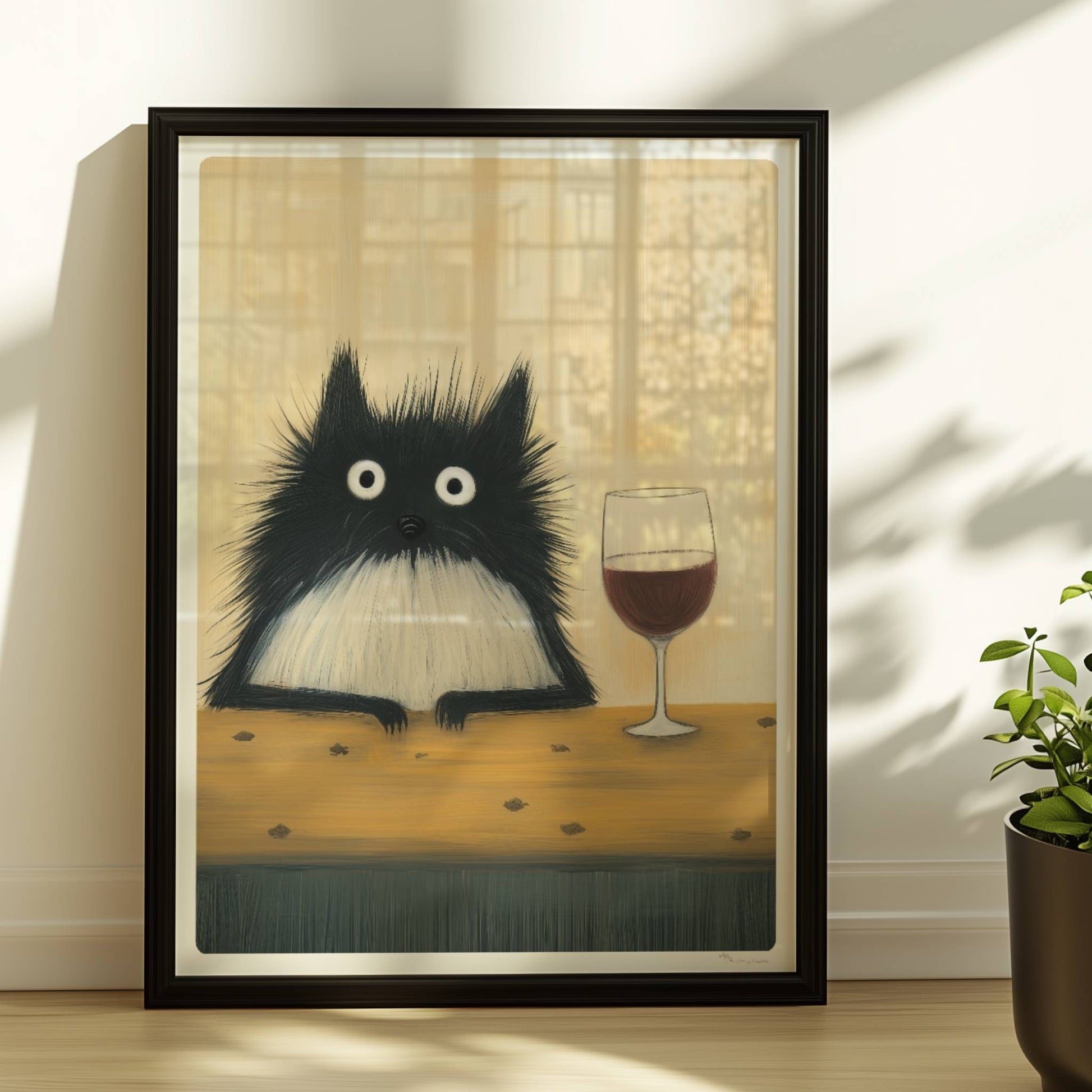 Schwarz-Weiss Katze mit Rotwein, lustiges Katzenposter.. Rahmen schwarz 30x40