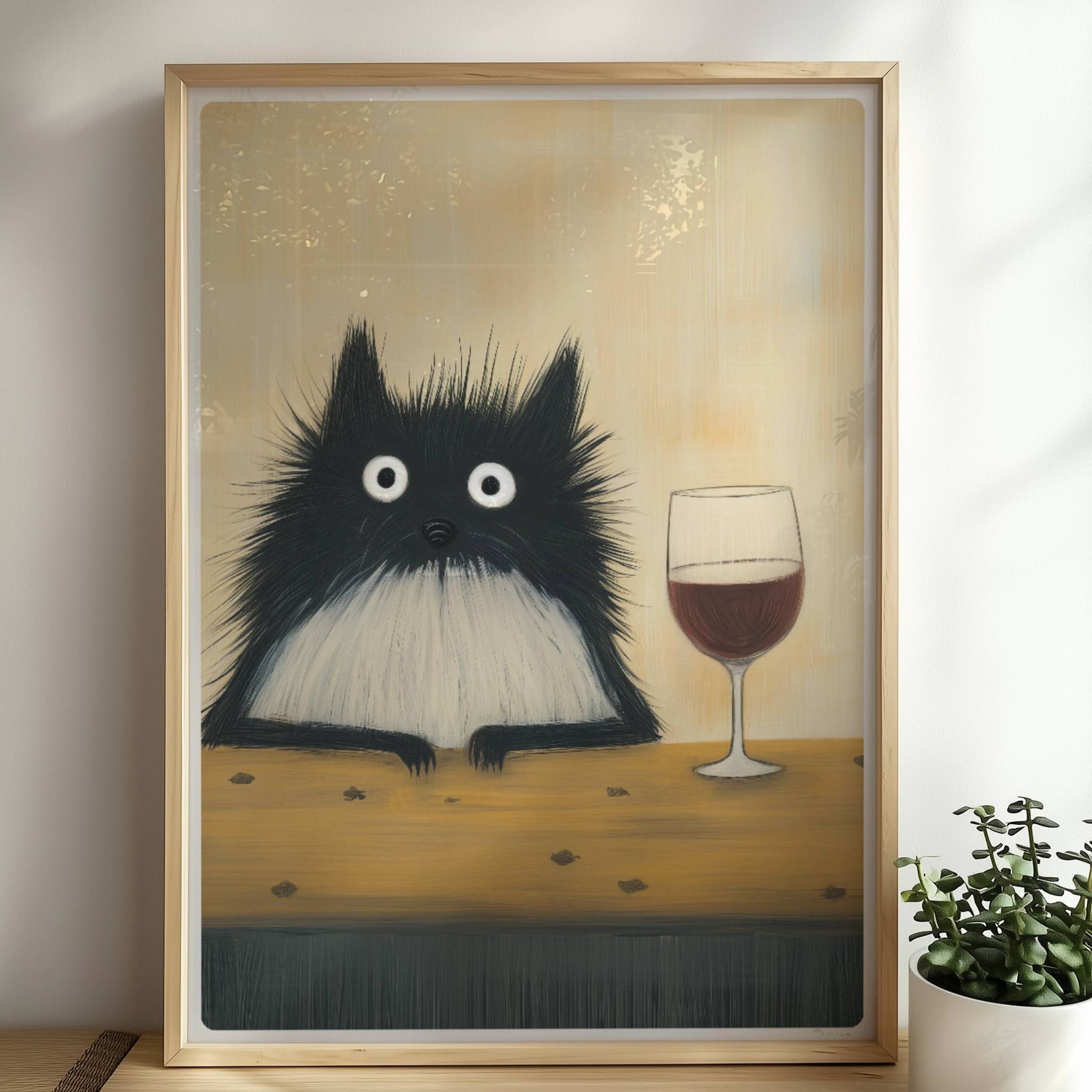 Schwarz-Weiss Katze mit Rotwein, lustiges Katzenposter.. Rahmen natur 50x70