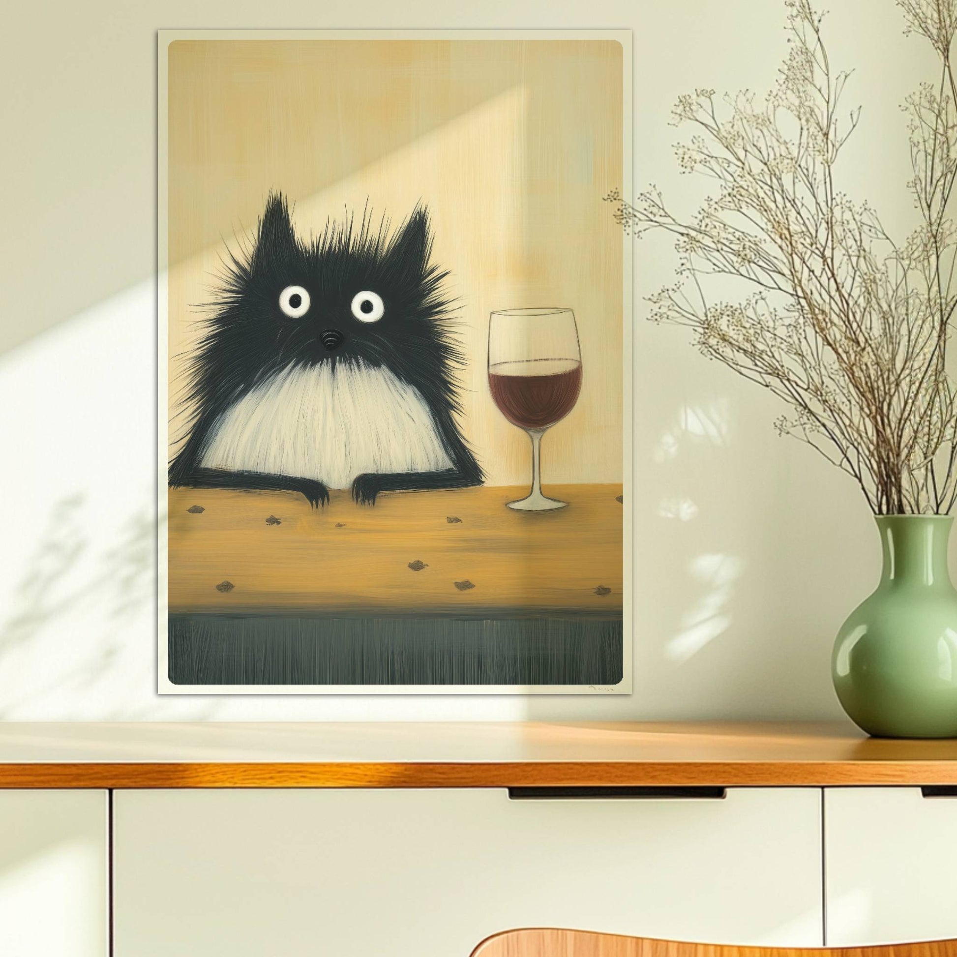Schwarz-Weiss Katze mit Rotwein, lustiges Katzenposter.. Ohne Rahmen 50x70