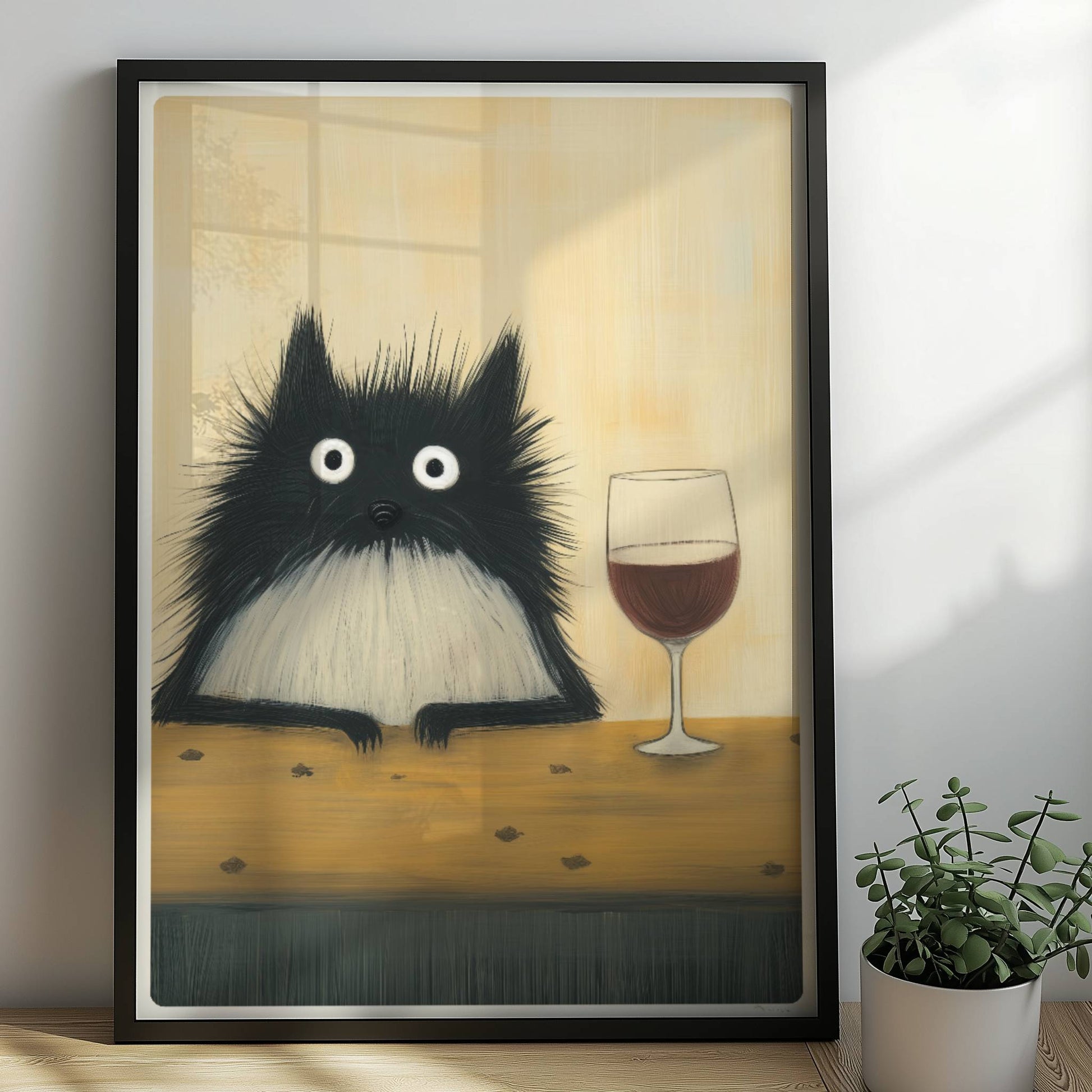 Schwarz-Weiss Katze mit Rotwein, lustiges Katzenposter.. Rahmen schwarz 50x70