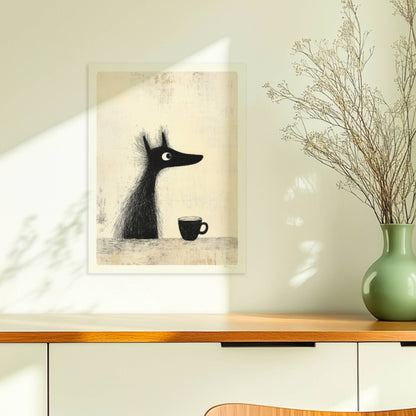 Schwarzer Hund mit Kaffee, minimalistisches Hunde-Poster in Schwarz-Weiß.. Ohne Rahmen 30x40