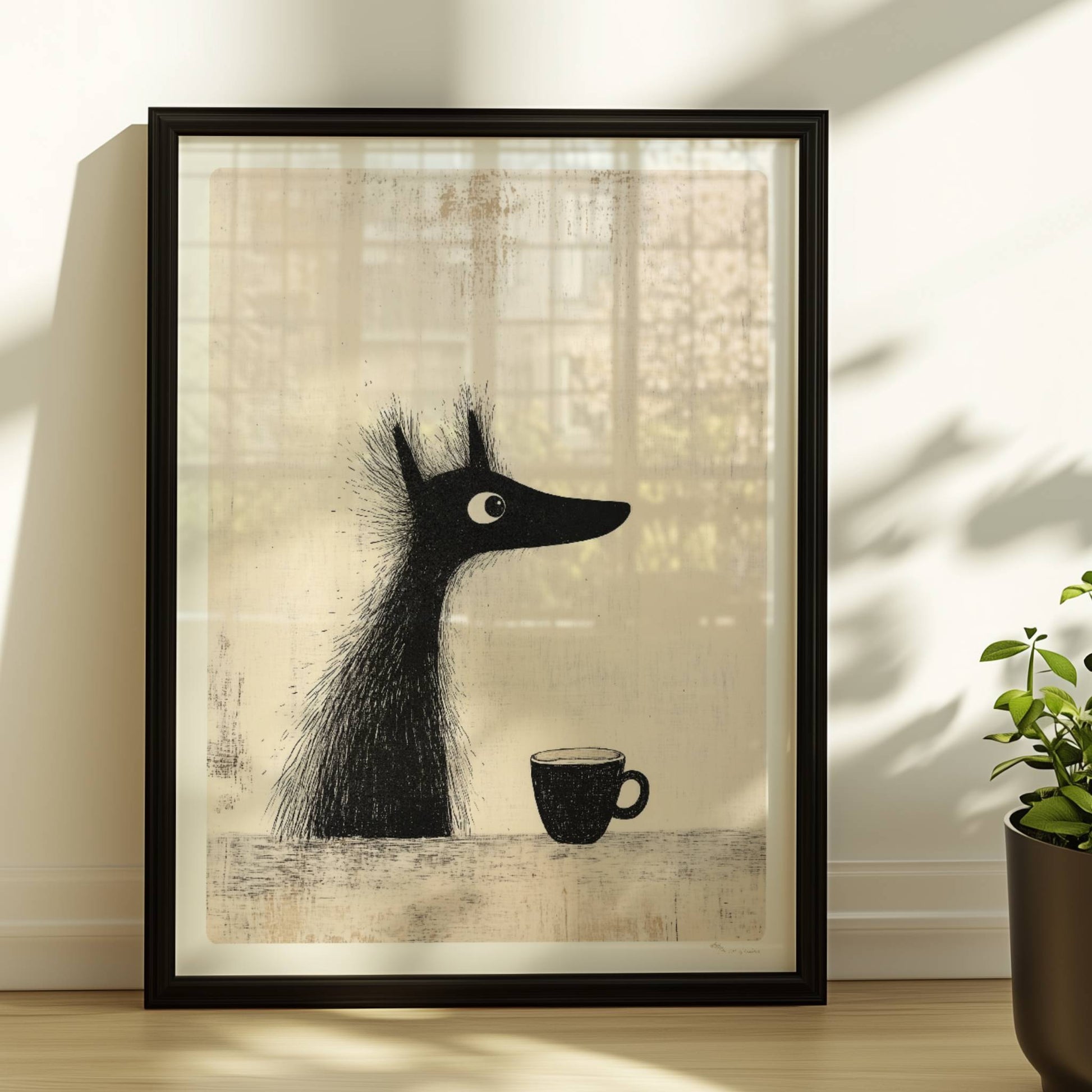 Schwarzer Hund mit Kaffee, minimalistisches Hunde-Poster in Schwarz-Weiß.. Rahmen schwarz 30x40