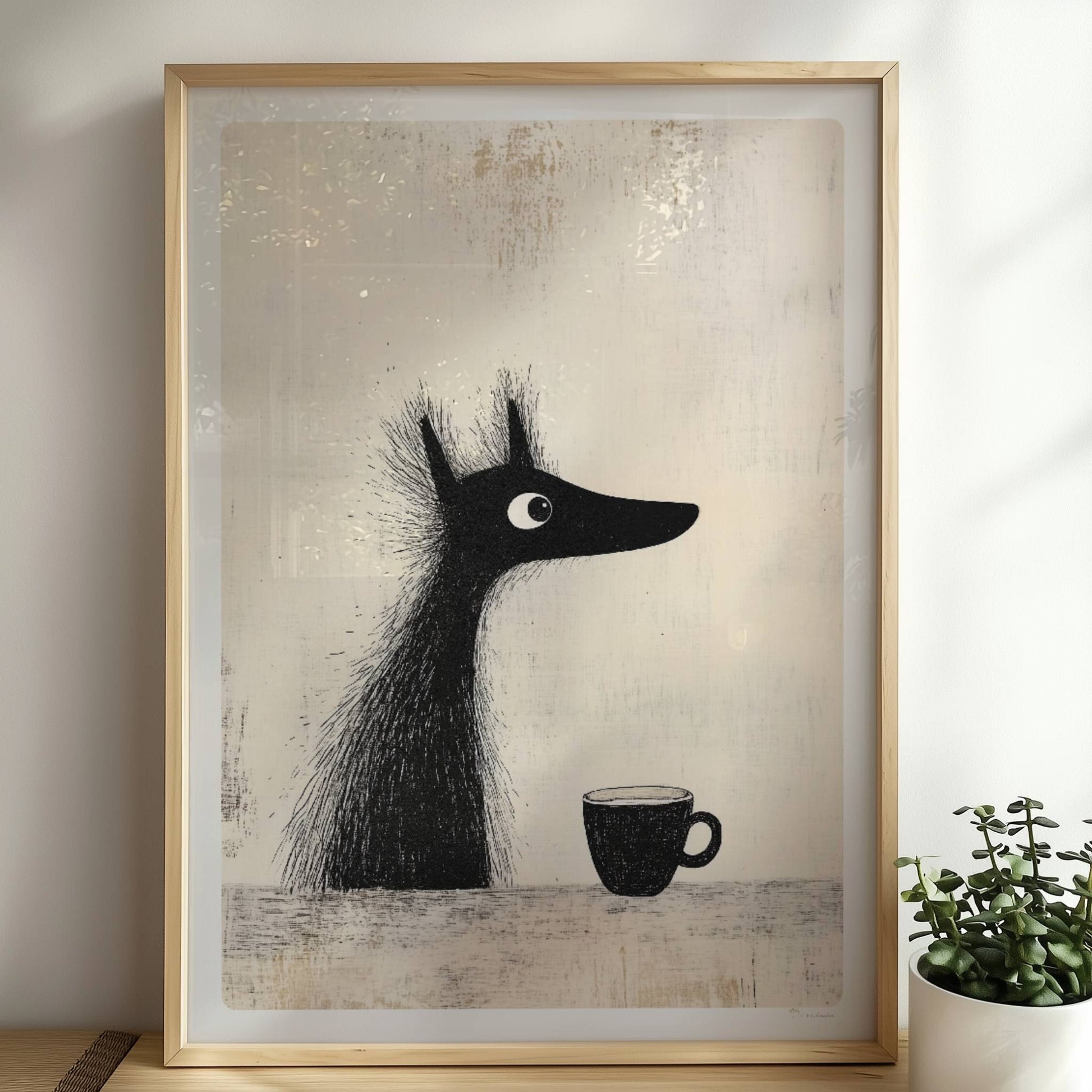 Schwarzer Hund mit Kaffee, minimalistisches Hunde-Poster in Schwarz-Weiß.. Rahmen natur 50x70