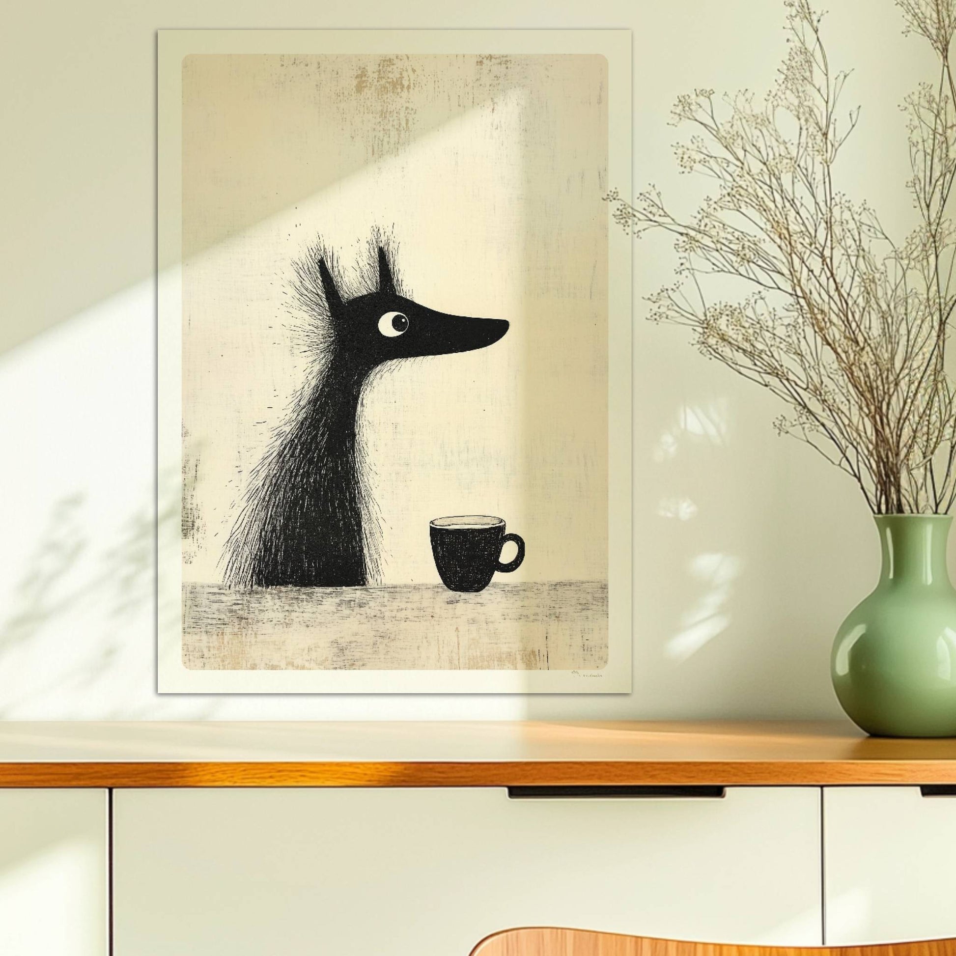 Schwarzer Hund mit Kaffee, minimalistisches Hunde-Poster in Schwarz-Weiß.. Ohne Rahmen 50x70