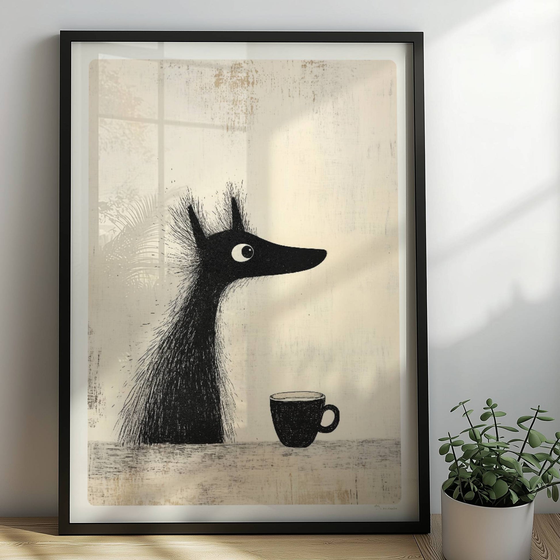 Schwarzer Hund mit Kaffee, minimalistisches Hunde-Poster in Schwarz-Weiß.. Rahmen schwarz 50x70
