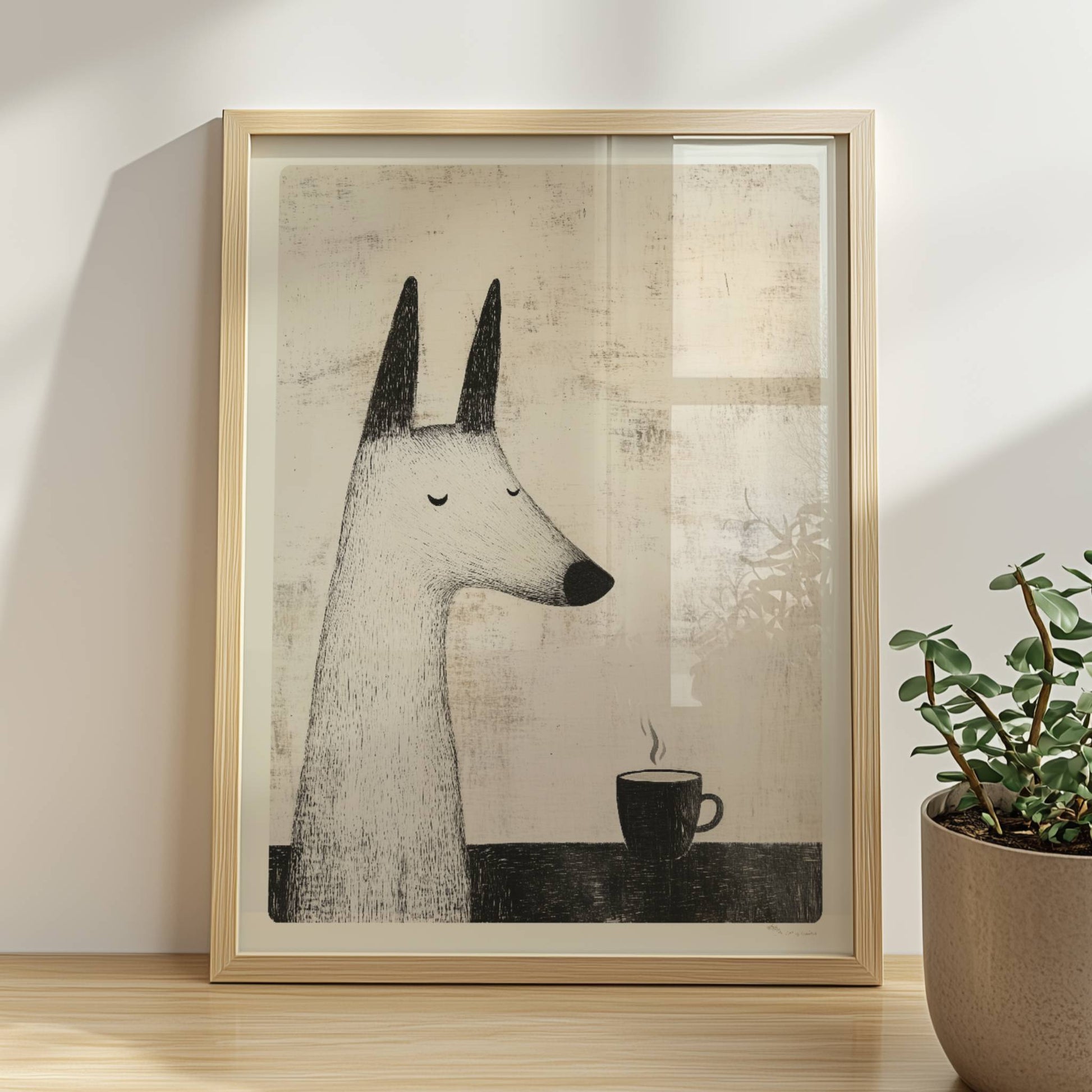 Weißer Hund mit Kaffeetasse, ruhige Schwarz-Weiß Hunde Illustration.. Rahmen natur 30x40