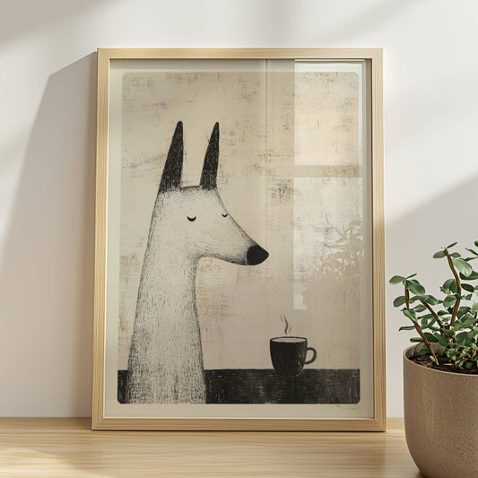 Weißer Hund mit Kaffeetasse, ruhige Schwarz-Weiß Hunde Illustration.. Rahmen natur 30x40