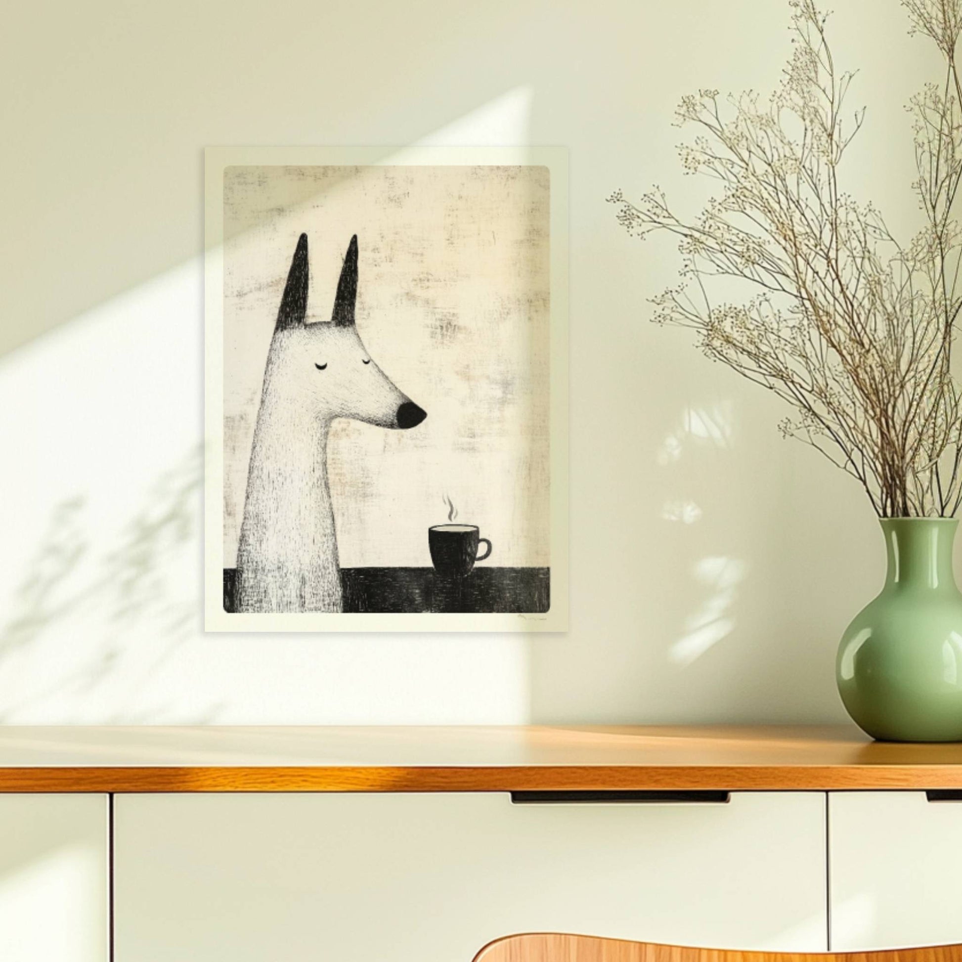 Weißer Hund mit Kaffeetasse, ruhige Schwarz-Weiß Hunde Illustration.. Ohne Rahmen 30x40