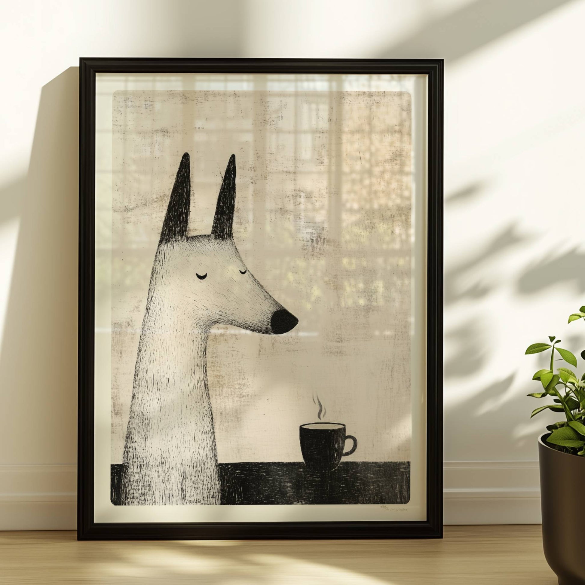 Weißer Hund mit Kaffeetasse, ruhige Schwarz-Weiß Hunde Illustration.. Rahmen schwarz 30x40