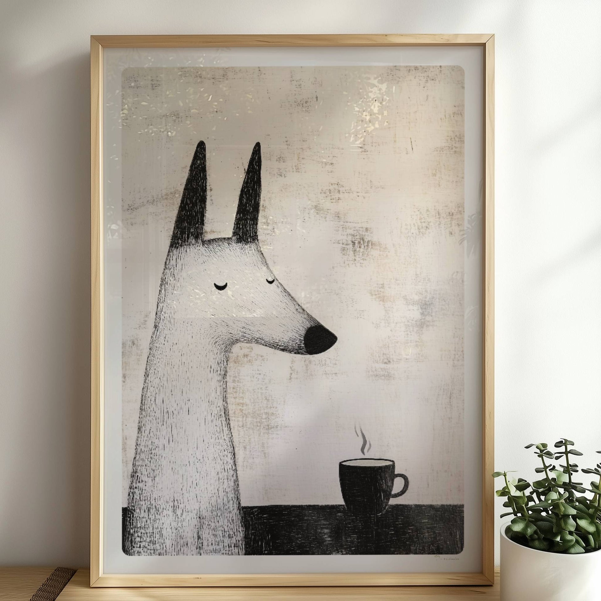 Weißer Hund mit Kaffeetasse, ruhige Schwarz-Weiß Hunde Illustration.. Rahmen natur 50x70
