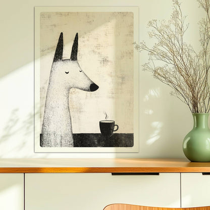 Weißer Hund mit Kaffeetasse, ruhige Schwarz-Weiß Hunde Illustration.. Ohne Rahmen 50x70