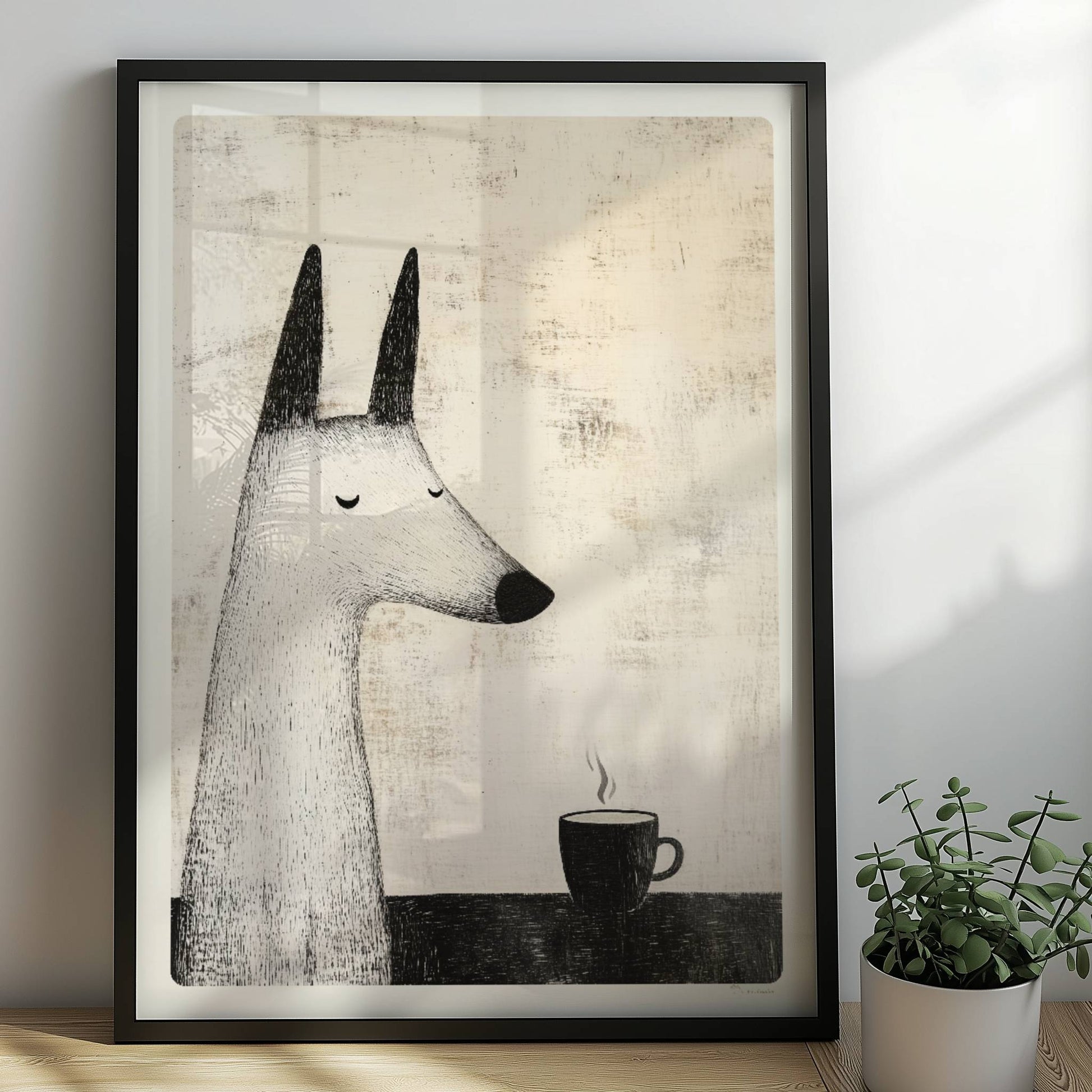 Weißer Hund mit Kaffeetasse, ruhige Schwarz-Weiß Hunde Illustration.. Rahmen schwarz 50x70
