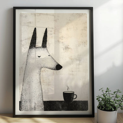 Weißer Hund mit Kaffeetasse, ruhige Schwarz-Weiß Hunde Illustration.. Rahmen schwarz 50x70