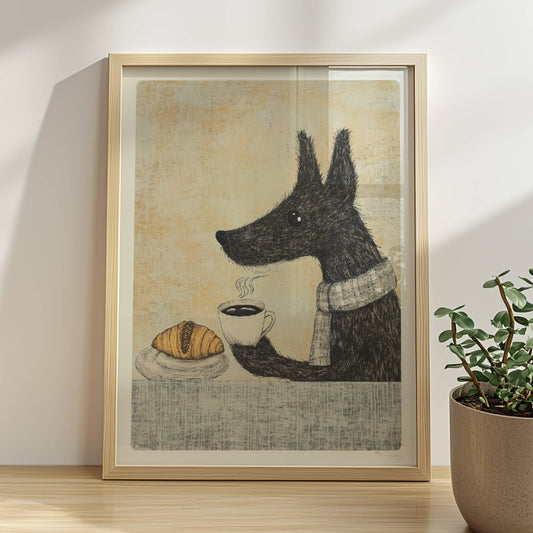 Schwarzer Hund mit Schal, Kaffee und Croissant auf Tisch – gemütliche Illustration.. Rahmen natur 30x40