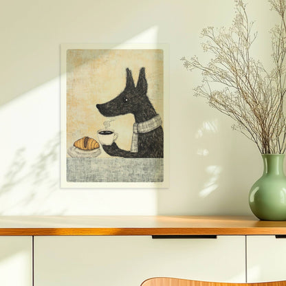 Schwarzer Hund mit Schal, Kaffee und Croissant auf Tisch – gemütliche Illustration.. Ohne Rahmen 30x40