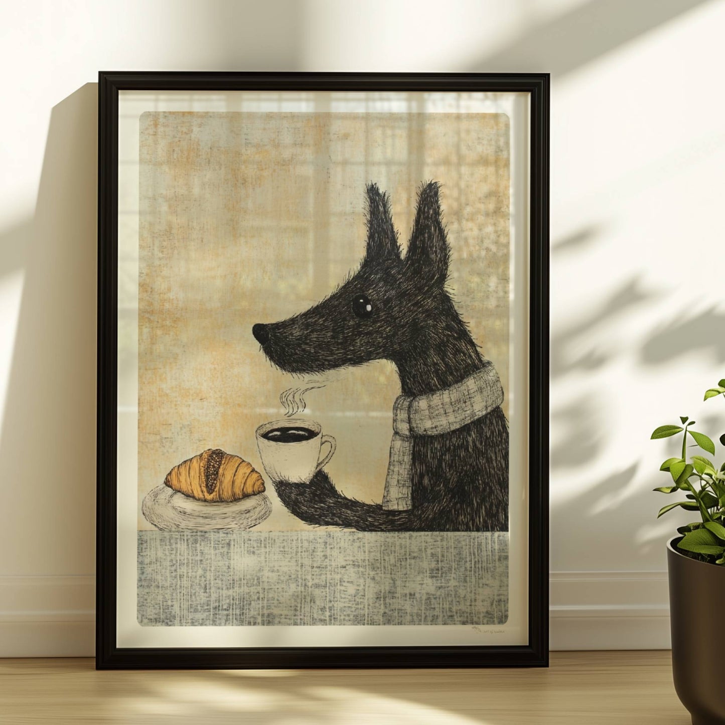 Schwarzer Hund mit Schal, Kaffee und Croissant auf Tisch – gemütliche Illustration.. Rahmen schwarz 30x40