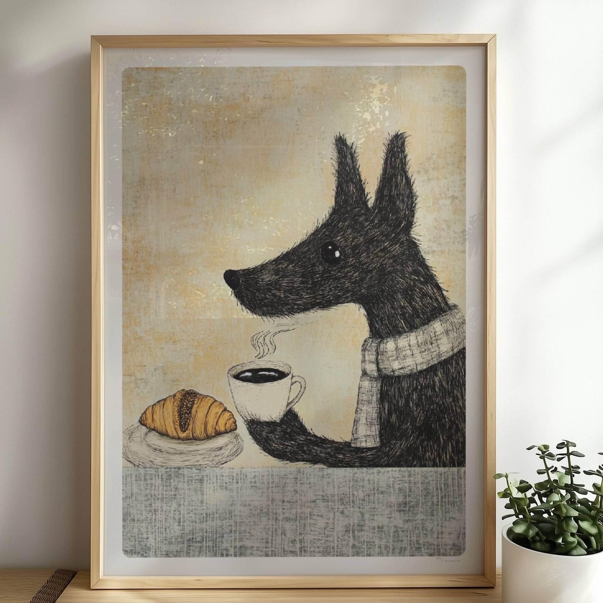 Schwarzer Hund mit Schal, Kaffee und Croissant auf Tisch – gemütliche Illustration.. Rahmen natur 50x70