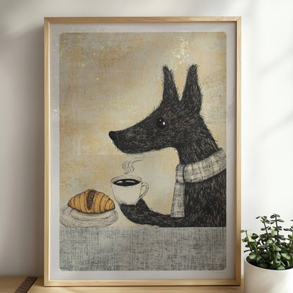 Schwarzer Hund mit Schal, Kaffee und Croissant auf Tisch – gemütliche Illustration.. Rahmen natur 50x70