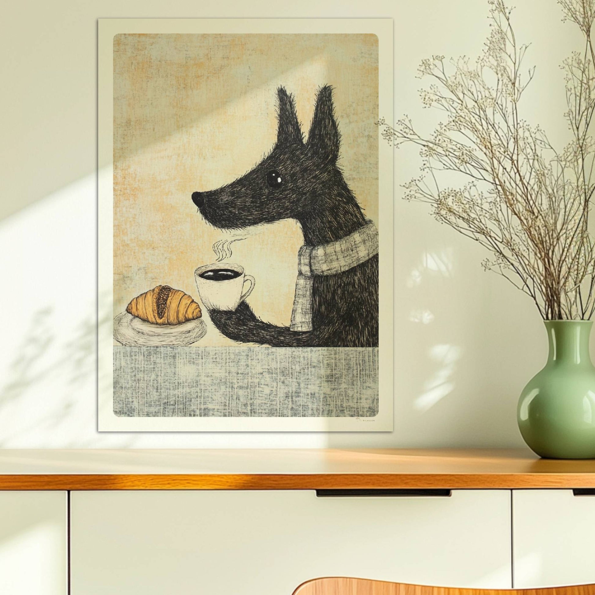 Schwarzer Hund mit Schal, Kaffee und Croissant auf Tisch – gemütliche Illustration.. Ohne Rahmen 50x70