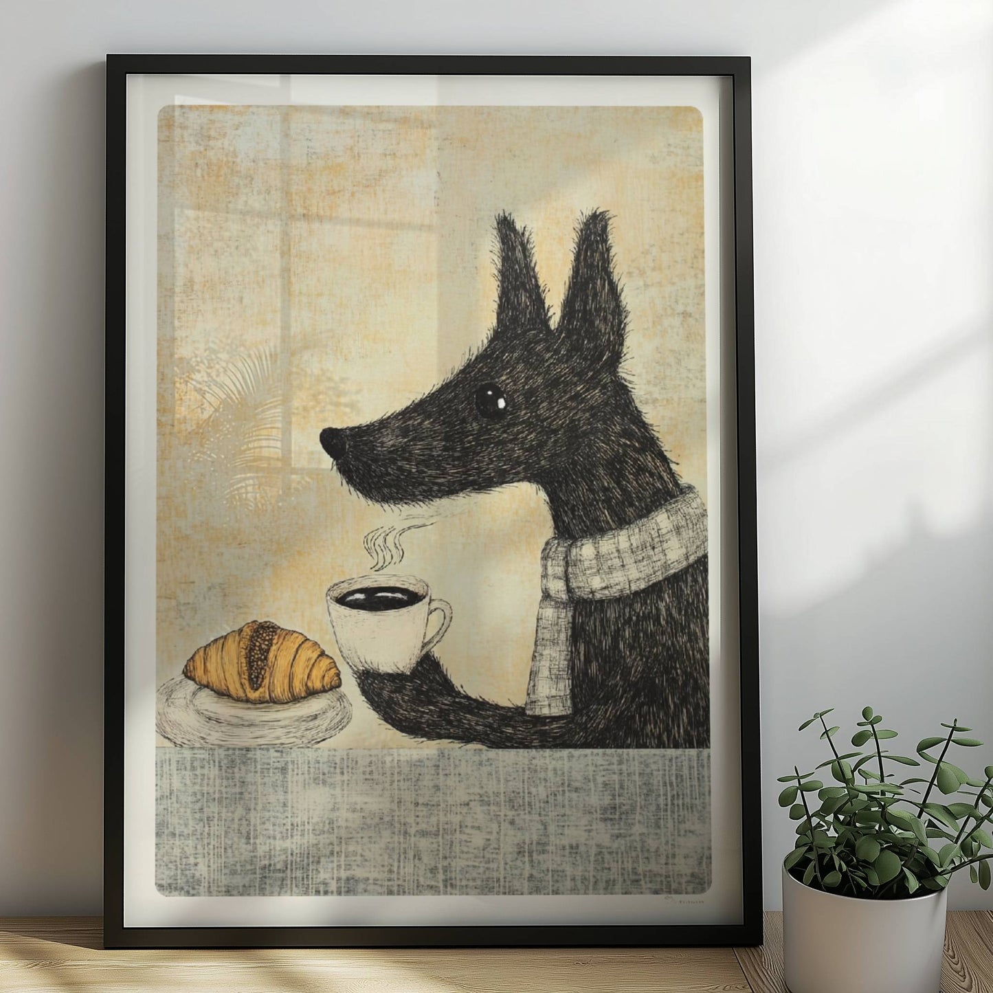 Schwarzer Hund mit Schal, Kaffee und Croissant auf Tisch – gemütliche Illustration.. Rahmen schwarz 50x70