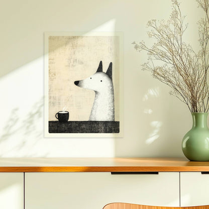 Flauschiger weißer Hund mit Kaffeetasse, minimalistische Hunde Illustration.. Ohne Rahmen 30x40