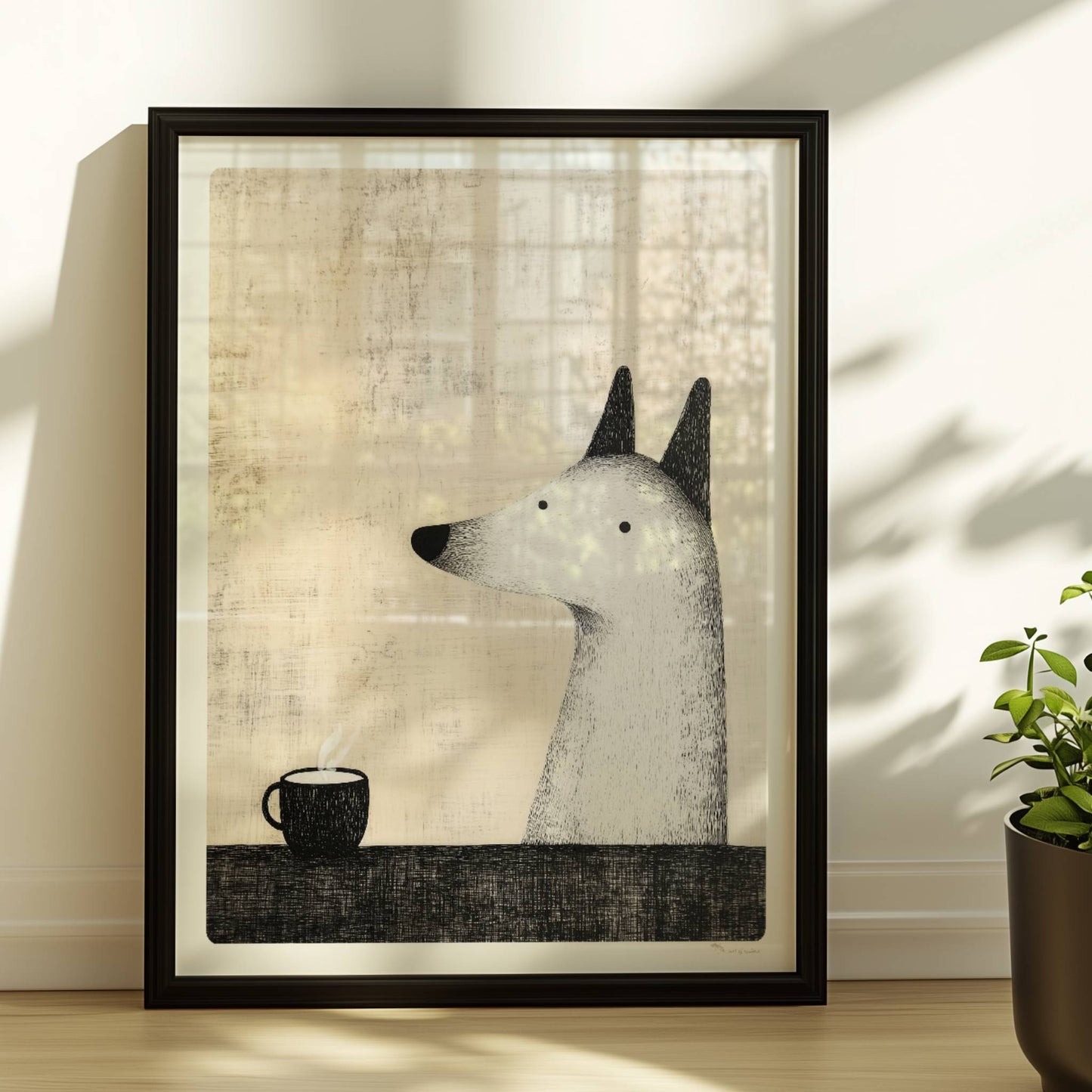 Flauschiger weißer Hund mit Kaffeetasse, minimalistische Hunde Illustration.. Rahmen schwarz 30x40