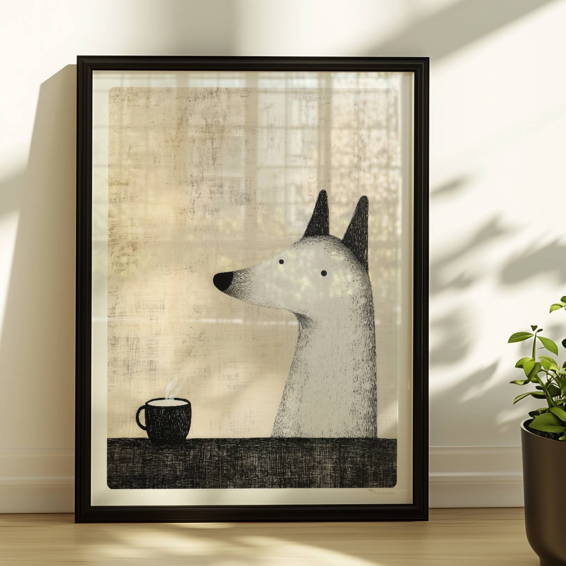 Flauschiger weißer Hund mit Kaffeetasse, minimalistische Hunde Illustration.. Rahmen schwarz 30x40