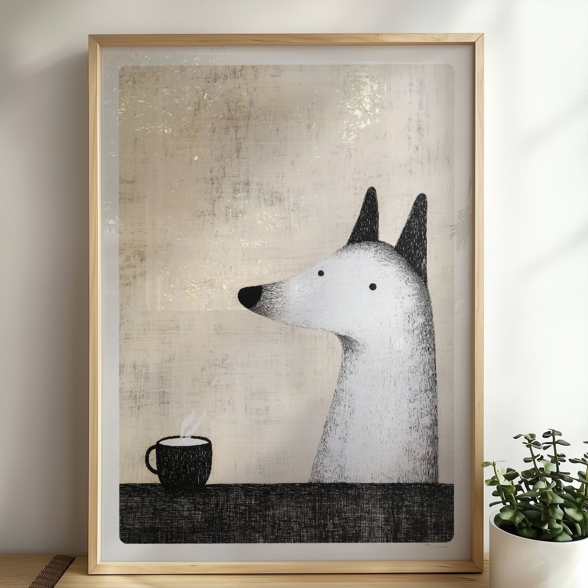 Flauschiger weißer Hund mit Kaffeetasse, minimalistische Hunde Illustration.. Rahmen natur 50x70