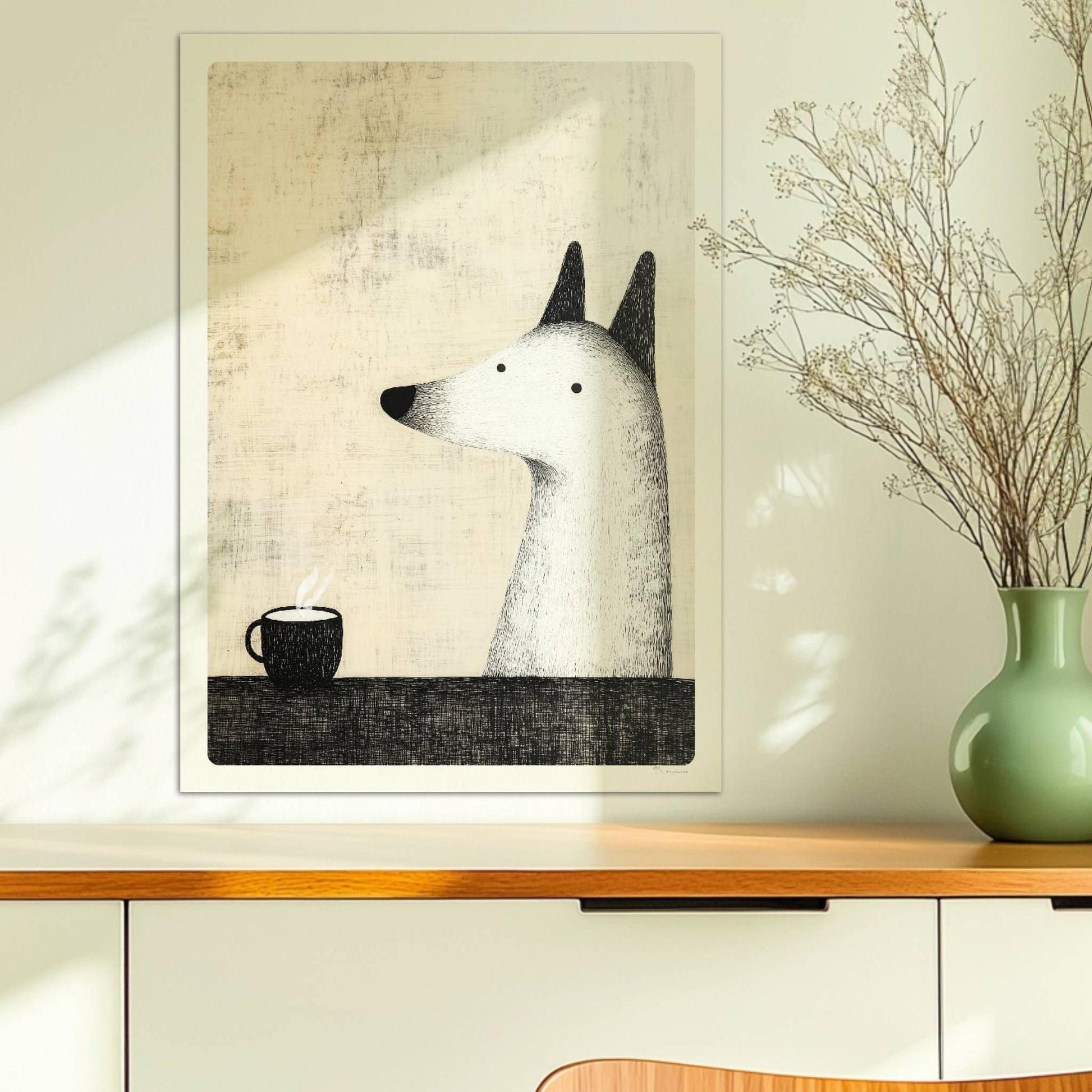 Flauschiger weißer Hund mit Kaffeetasse, minimalistische Hunde Illustration.. Ohne Rahmen 50x70