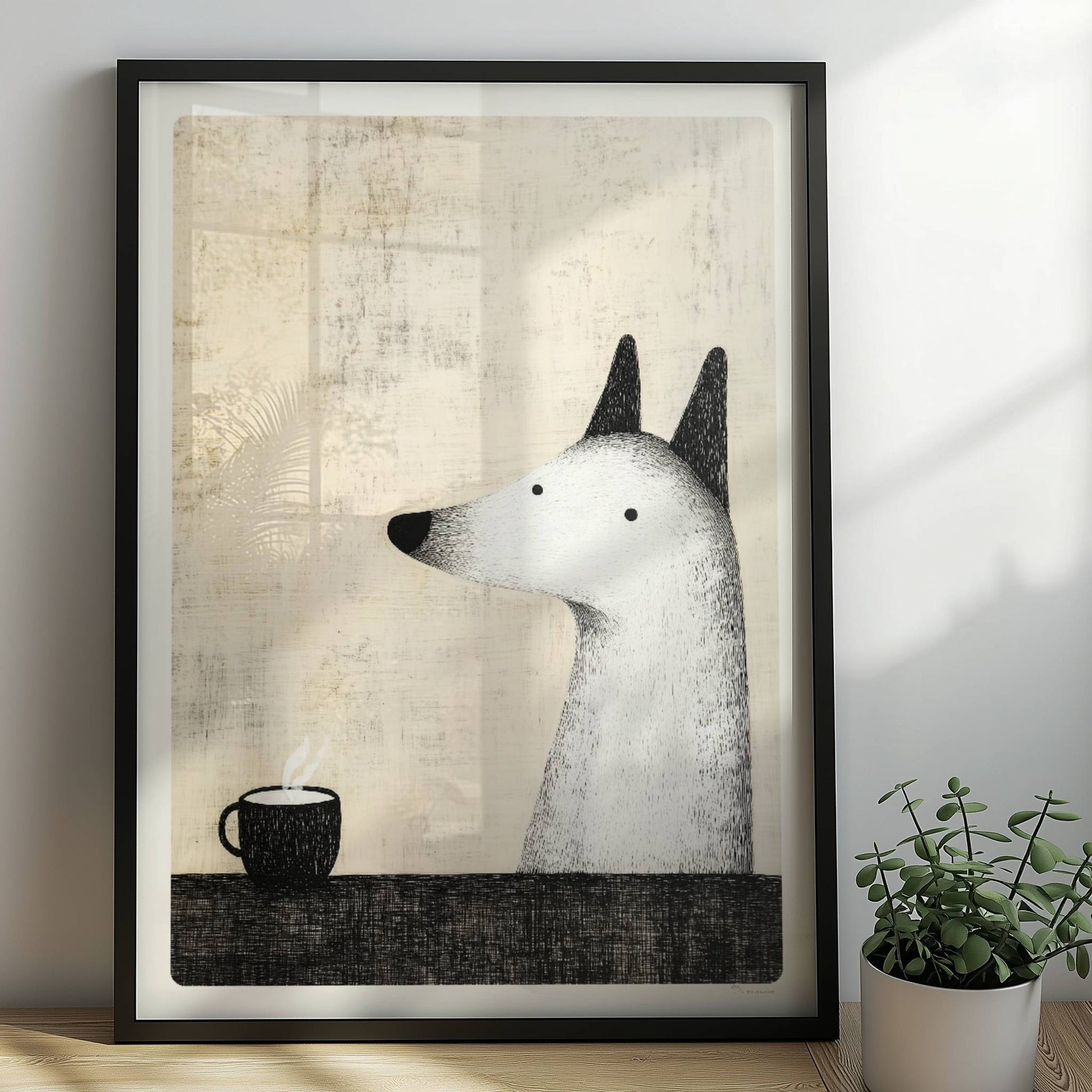 Flauschiger weißer Hund mit Kaffeetasse, minimalistische Hunde Illustration.. Rahmen schwarz 50x70