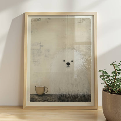 Weißer Hund mit schwarzer Kaffeetasse, schlichte Hunde Illustration in Schwarz-Weiß.. Rahmen natur 30x40