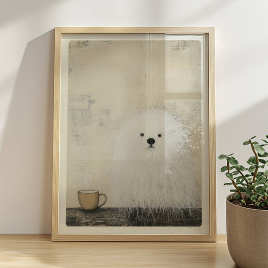 Weißer Hund mit schwarzer Kaffeetasse, schlichte Hunde Illustration in Schwarz-Weiß.. Rahmen natur 30x40