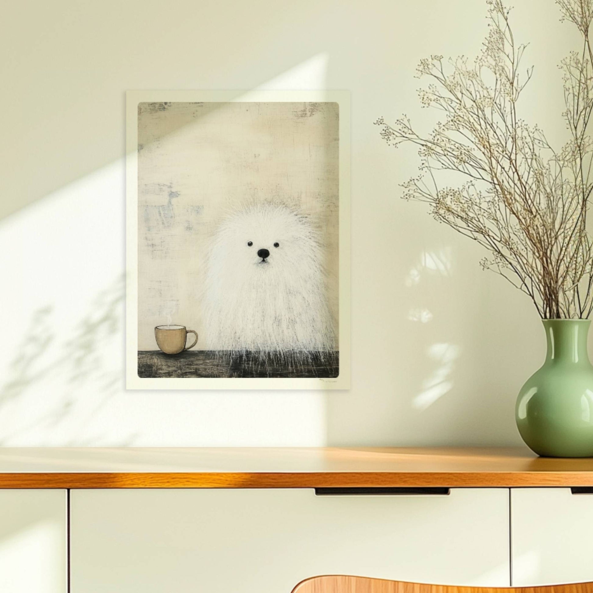 Weißer Hund mit schwarzer Kaffeetasse, schlichte Hunde Illustration in Schwarz-Weiß.. Ohne Rahmen 30x40