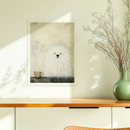 Weißer Hund mit schwarzer Kaffeetasse, schlichte Hunde Illustration in Schwarz-Weiß.. Ohne Rahmen 30x40