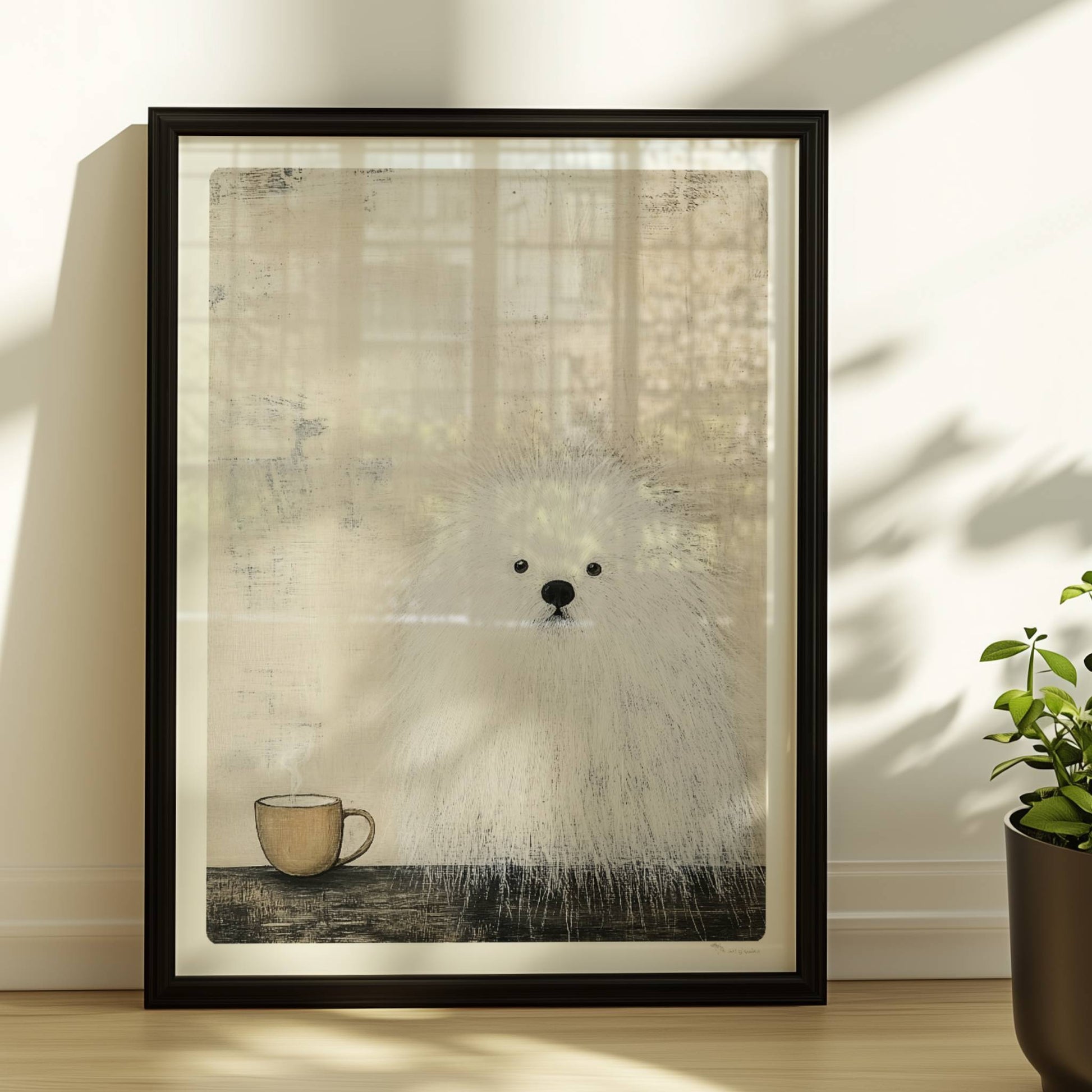 Weißer Hund mit schwarzer Kaffeetasse, schlichte Hunde Illustration in Schwarz-Weiß.. Rahmen schwarz 30x40