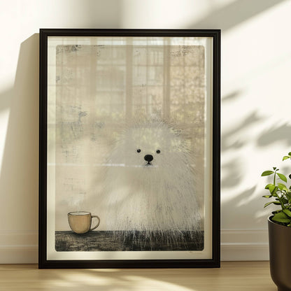 Weißer Hund mit schwarzer Kaffeetasse, schlichte Hunde Illustration in Schwarz-Weiß.. Rahmen schwarz 30x40
