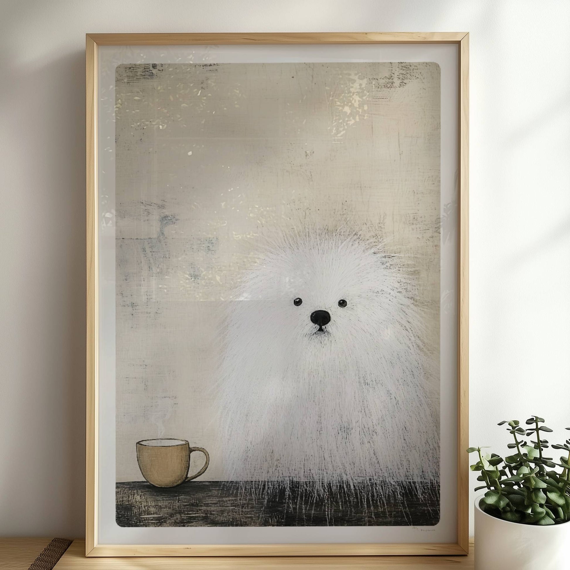 Weißer Hund mit schwarzer Kaffeetasse, schlichte Hunde Illustration in Schwarz-Weiß.. Rahmen natur 50x70